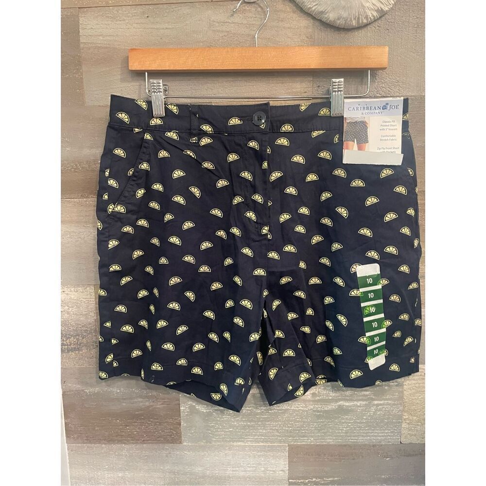 Caribbean Joe 10 NWT lemon print cotton Navy Bermuda shorts